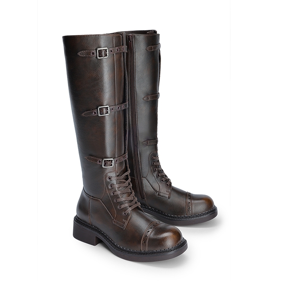 Women’s Square-Toe Block Heel Boots - DARK BROWN - 4