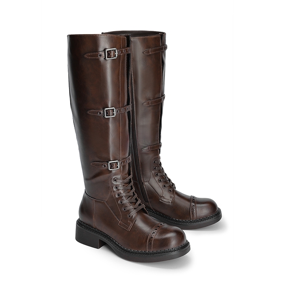 Women’s Square-Toe Block Heel Boots - BROWN - 4