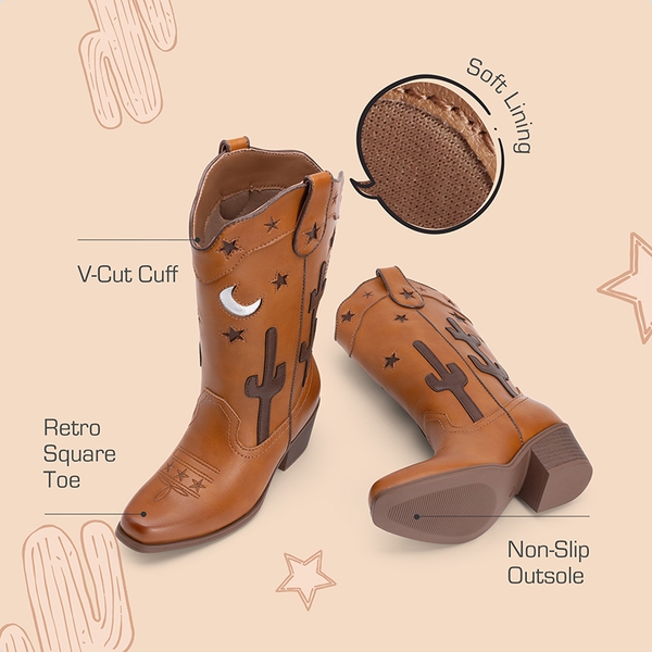 Girls’ Embroidered Western Cowboy Boots - BROWN - 3