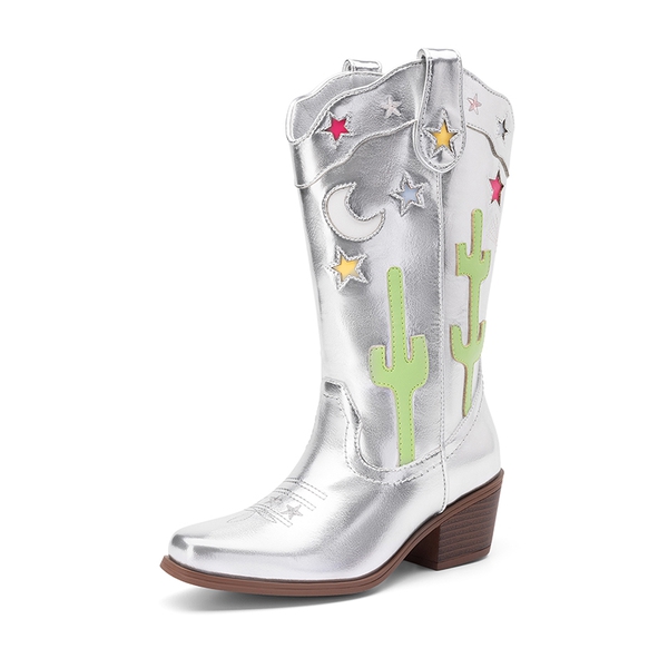 Girls’ Embroidered Western Cowboy Boots - SILVER -  0
