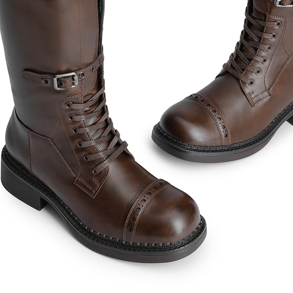 Women’s Square-Toe Block Heel Boots - BROWN - 5