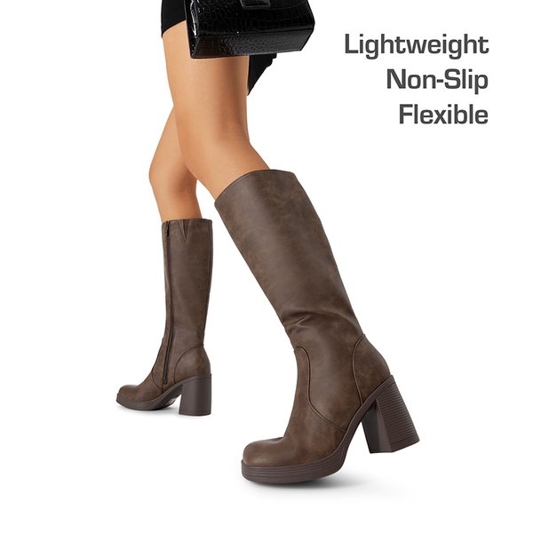 Women’s Stretchy Knee-High Platform Boots - BROWN - 6