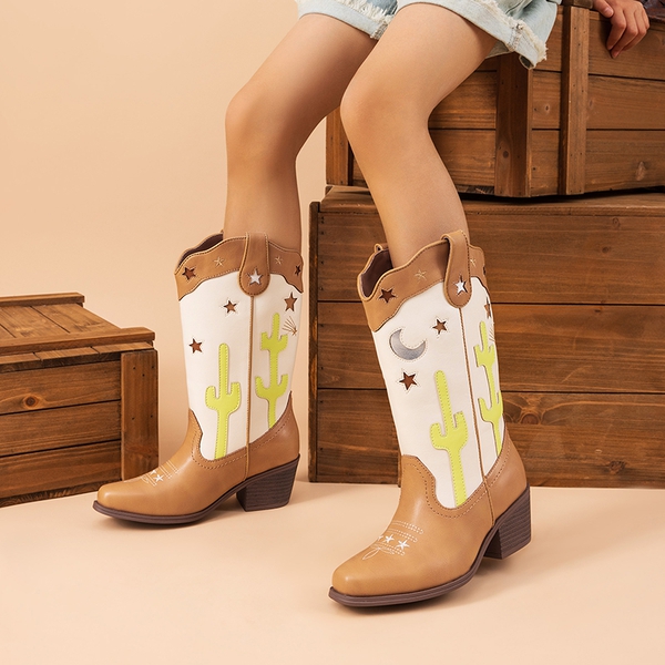 Girls’ Embroidered Western Cowboy Boots - BEIGE/TAN - 4