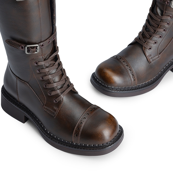 Women’s Square-Toe Block Heel Boots - DARK BROWN - 5