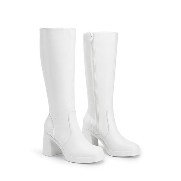Women’s Stretchy Knee-High Platform Boots - WHITE-PU - 1