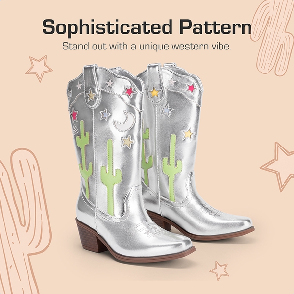 Girls’ Embroidered Western Cowboy Boots - SILVER - 1