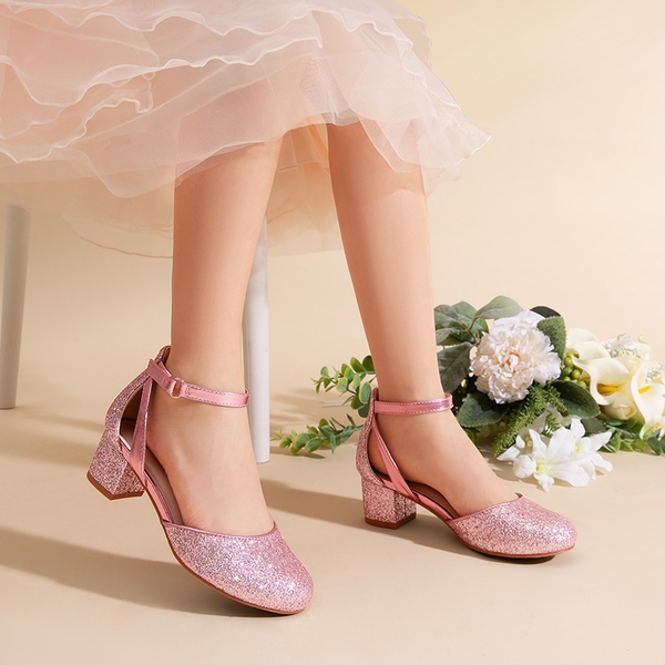 Girls’ Almond-Toe Block Heel Dress Shoes - PINK - 3