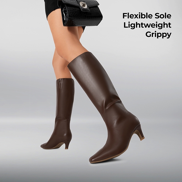 Women’s Wide-Calf Square-Toe Knee-High Boots - BROWN - 5