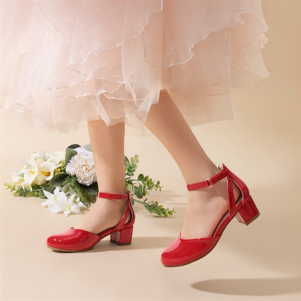 Girls’ Almond-Toe Block Heel Dress Shoes - RED - 5
