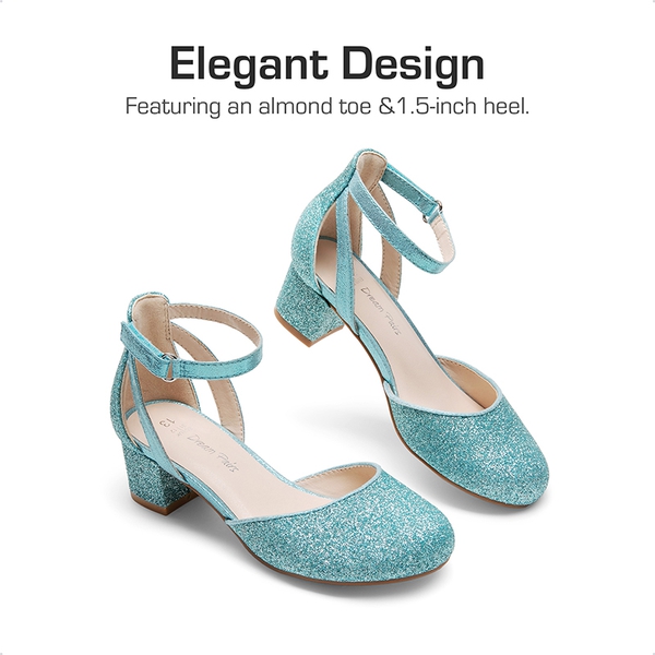 Girls’ Almond-Toe Block Heel Dress Shoes - BLUE - 1