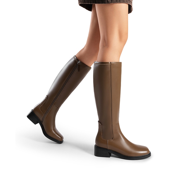 Women’s Stretchy Square-Toe Knee-High Boots - KHAKI - 5
