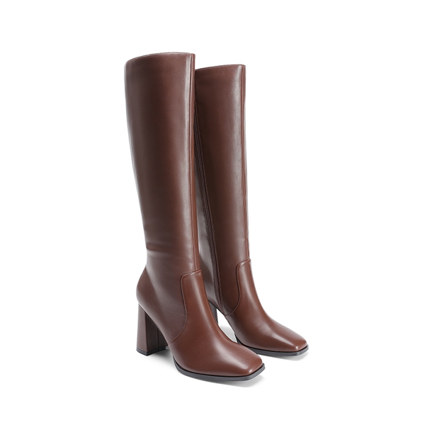 Women’s Square-Toe Sculpted Heel Boots - BROWN - 2