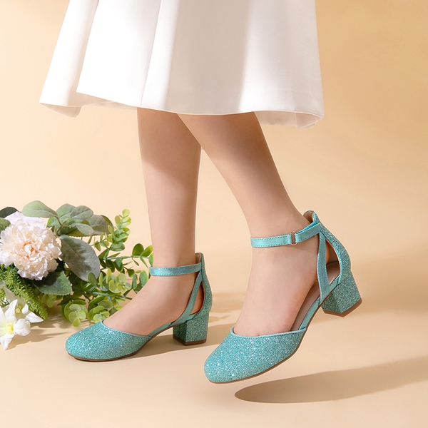 Girls’ Almond-Toe Block Heel Dress Shoes - BLUE - 4