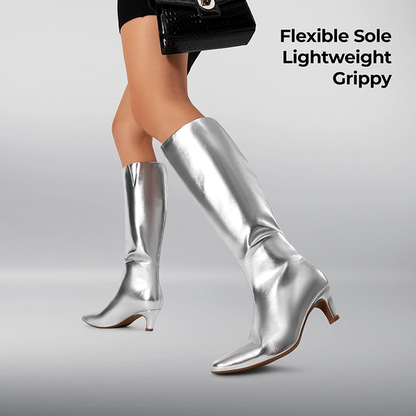Women’s Wide-Calf Square-Toe Knee-High Boots - SILVER - 5