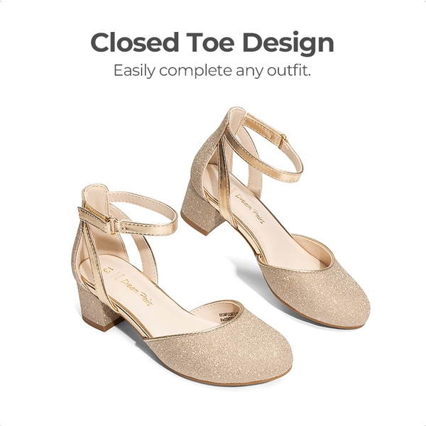 Girls’ Almond-Toe Block Heel Dress Shoes - GOLD - 2