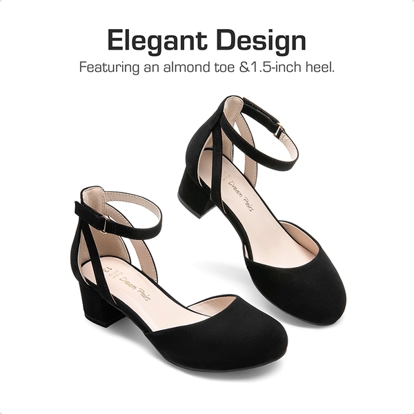 Girls’ Almond-Toe Block Heel Dress Shoes - BLACK - 1