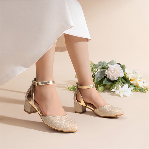 Girls’ Almond-Toe Block Heel Dress Shoes - GOLD - 4