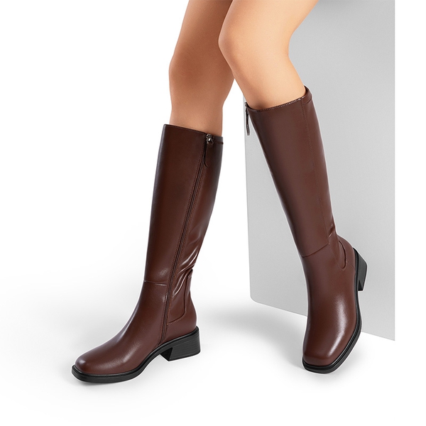 Women’s Stretchy Square-Toe Knee-High Boots - BROWN - 6