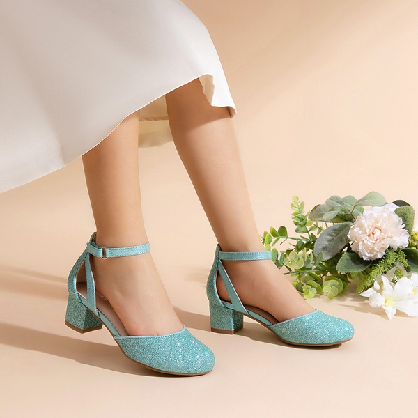 Girls’ Almond-Toe Block Heel Dress Shoes - BLUE - 3