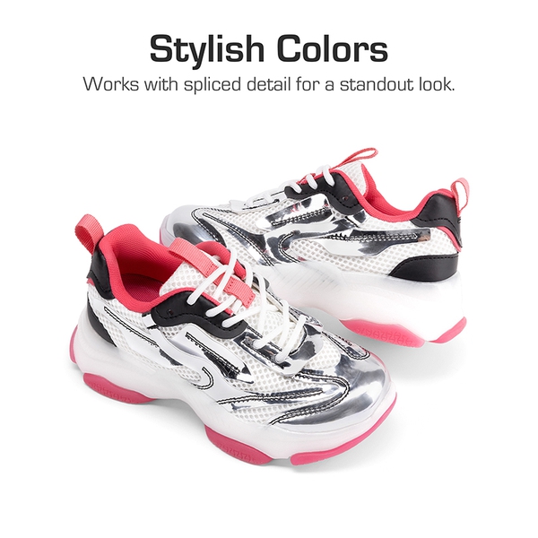 Girls’ Color-Contrast Fashion Sneakers - SILVER/HOT PINK - 2