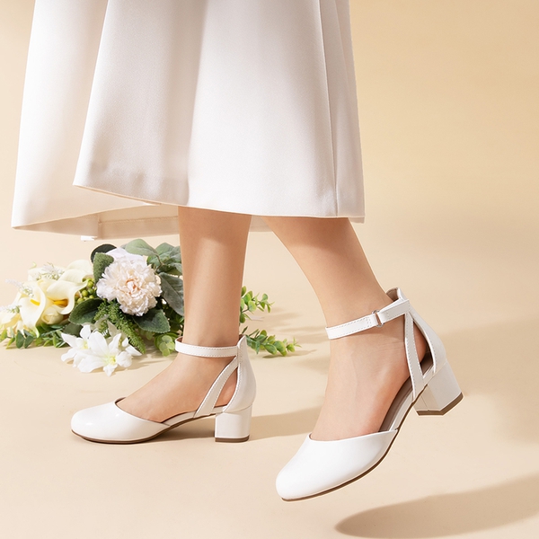 Girls’ Almond-Toe Block Heel Dress Shoes - WHITE - 4