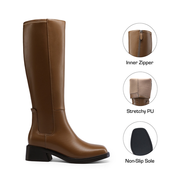 Women’s Stretchy Square-Toe Knee-High Boots - KHAKI - 1