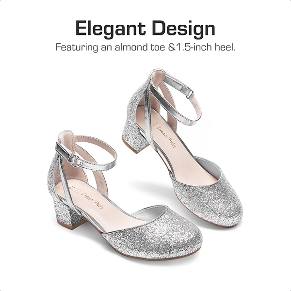 Girls’ Almond-Toe Block Heel Dress Shoes - SILVER - 1