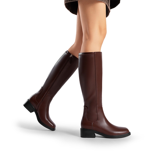 Women’s Stretchy Square-Toe Knee-High Boots - BROWN - 5