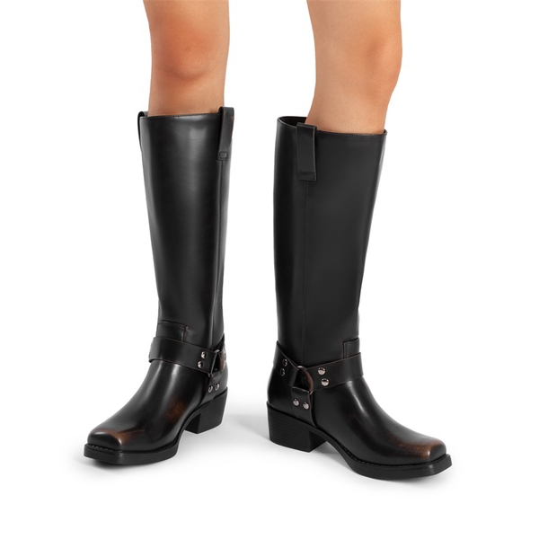 Women’s Retro Punk Moto Boots - BLACK/BROWN - 6