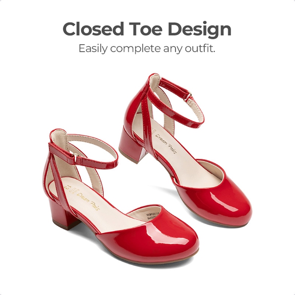 Girls’ Almond-Toe Block Heel Dress Shoes - RED - 1