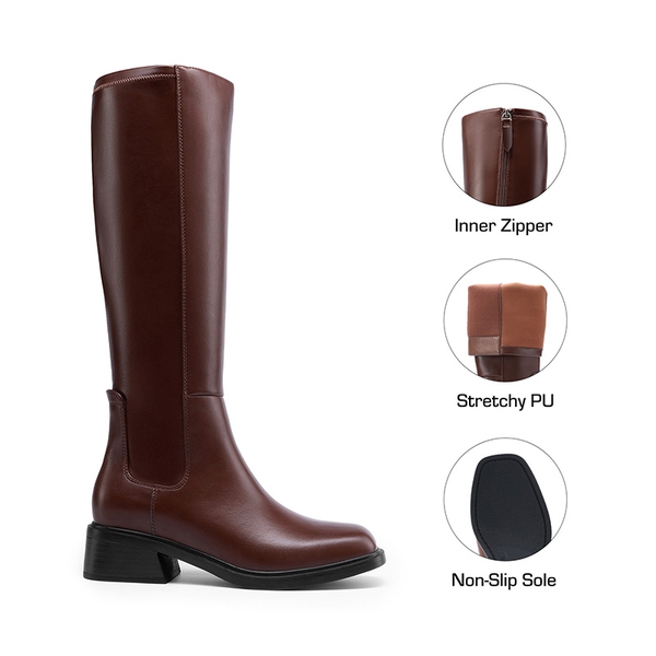 Women’s Stretchy Square-Toe Knee-High Boots - BROWN - 1