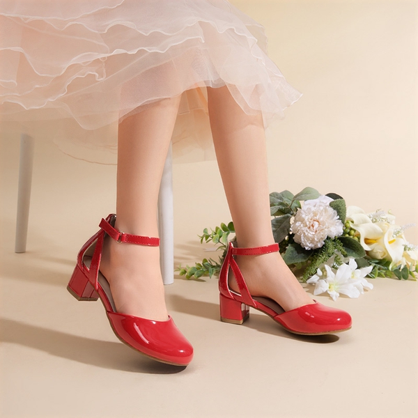Girls’ Almond-Toe Block Heel Dress Shoes - RED - 4