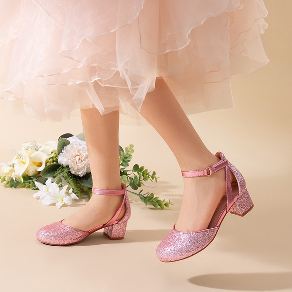Girls’ Almond-Toe Block Heel Dress Shoes - PINK - 4