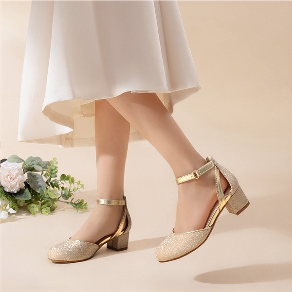 Girls’ Almond-Toe Block Heel Dress Shoes - GOLD - 5