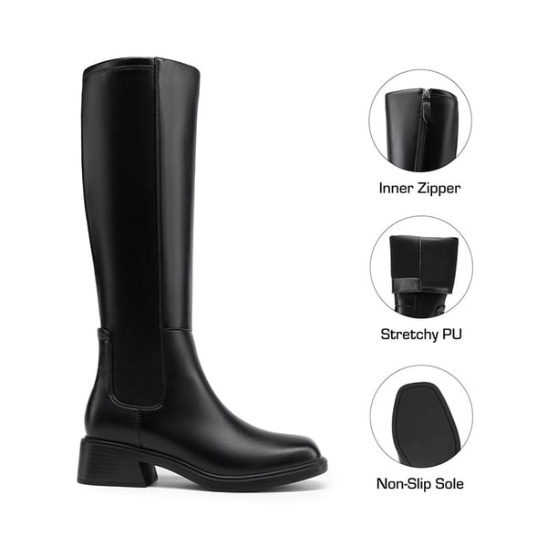Women’s Stretchy Square-Toe Knee-High Boots - BLACK - 1