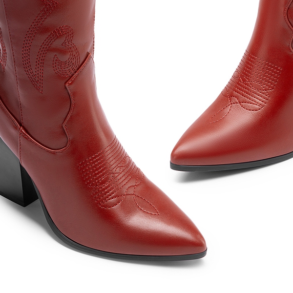  Pointed Toe Embroidered Cowboy Boots - RED-PU - 4