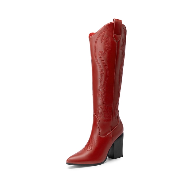  Pointed Toe Embroidered Cowboy Boots - RED-PU -  0