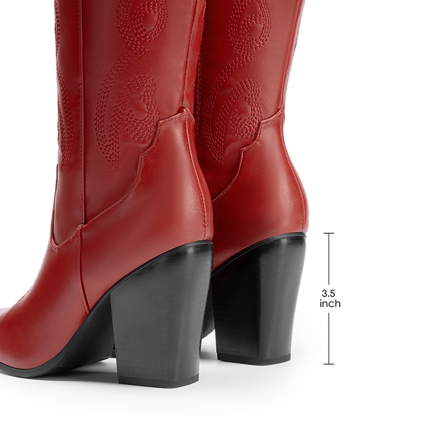  Pointed Toe Embroidered Cowboy Boots - RED-PU - 3