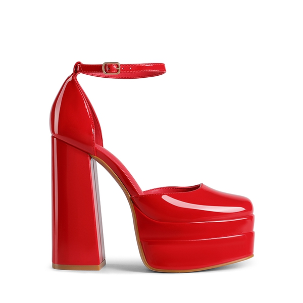 High Chunky Square Toe Ankle Strap Platform Pumps - RED PAT - 1