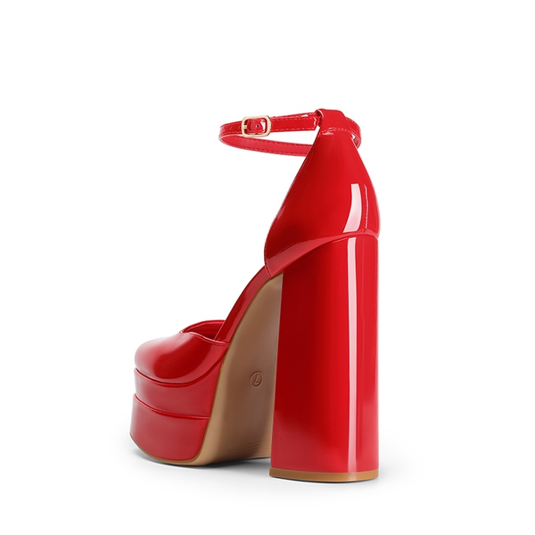 High Chunky Square Toe Ankle Strap Platform Pumps - RED PAT - 2