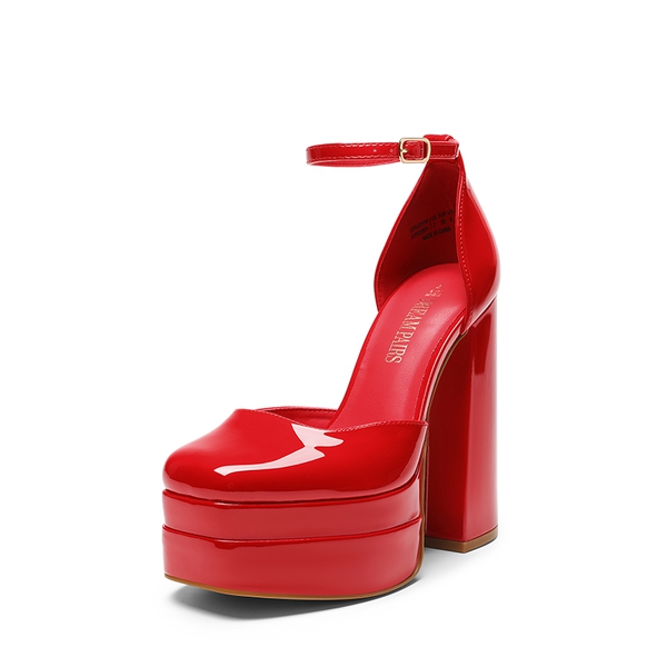 High Chunky Square Toe Ankle Strap Platform Pumps - RED PAT -  0