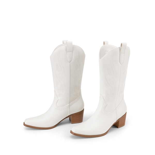 Women’s Embroidered Mid-Calf Cowboy Boots - WHITE-PU - 6