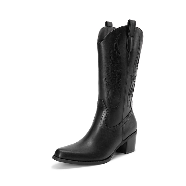 Women’s Embroidered Mid-Calf Cowboy Boots - BLACK-PU -  0