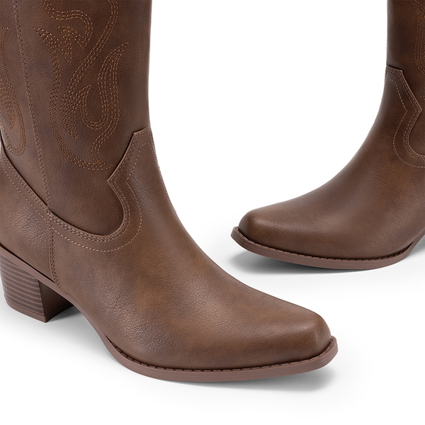 Women’s Embroidered Mid-Calf Cowboy Boots - BROWN-PU - 4