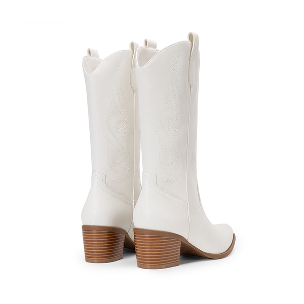 Women’s Embroidered Mid-Calf Cowboy Boots - WHITE-PU - 4