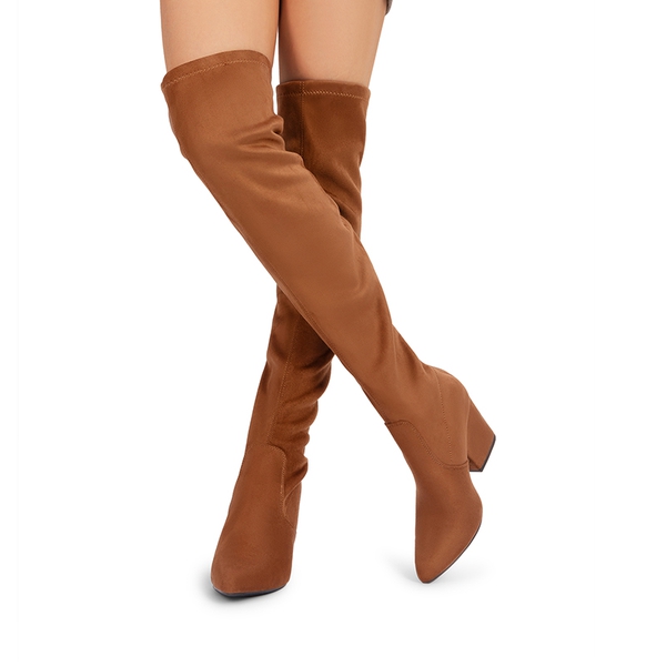 Women’s Stretch-Fit Pointed-Toe Block Heel Boots - BROWN - 7
