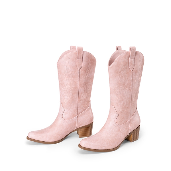 Women’s Embroidered Mid-Calf Cowboy Boots - PINK-PU - 6
