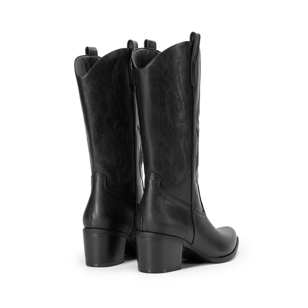 Women’s Embroidered Mid-Calf Cowboy Boots - BLACK-PU - 4