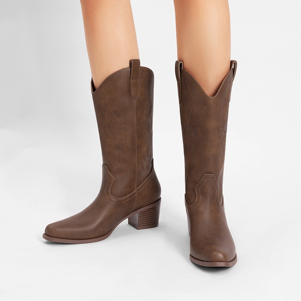 Women’s Embroidered Mid-Calf Cowboy Boots - BROWN-PU - 6