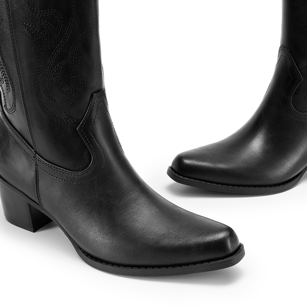Women’s Embroidered Mid-Calf Cowboy Boots - BLACK-PU - 7